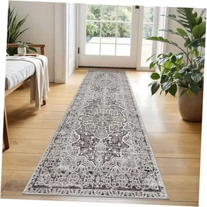 Vintage Floral Waschbar Läufer Teppich, 2x5 Läufer Rutschfest Hellbraun Grau 5ft Flur - Bild 1 von 7