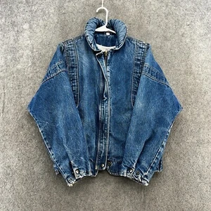 VINTAGE Denim Jacket Men XS Blue Dark Wash Full Zip Lined Bomber Coat 90s - Picture 1 of 11