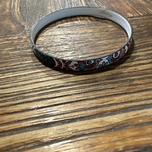 Laurana Signed White Floral Bird Enamel Bangle Bracelet 7" long 1970's MCM Italy - Picture 1 of 3