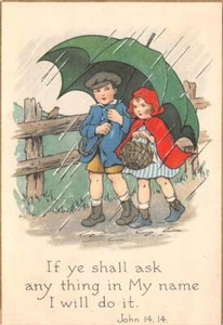 "If ye shall ask"" Johannes 14:14 Regenschirm Kinder religiös Vintage Postkarte" - Bild 1 von 2