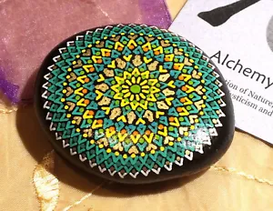 Large Hand Painted Alchemy Stone w. Green, Gold & Yellow Complex Mandala Design - Picture 1 of 5