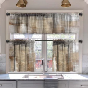 Brown Blackout Kitchen Curtains Tiers and Valances Set 3 Piece for Windows Beige - Picture 1 of 7