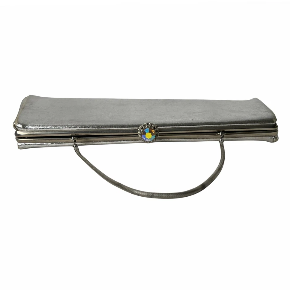 Bolso de Noche Vintage Cierre Joya Iridiscente Tono Plateado y Mango de Eslabones de Cadena Foto 1 de 4