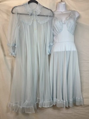 Conjunto Vintage Peignoir S 32 Vestido Bata Nylon Gasa Azul Barrido Bordado Midi Foto 1 de 4