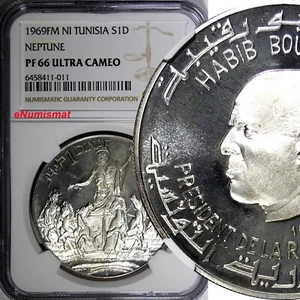 Tunisia Silver PROOF 1969 FM NI 1 Dinar Neptune NGC PF66 ULTRA CAMEO KM# 298(1) - Picture 1 of 4
