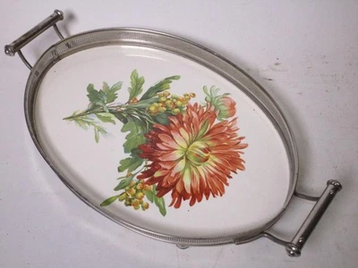 Altes Keramiktablett mit silberfb. Metallrand, ca. 37 x 22 cm    VV545 - Bild 1 von 2