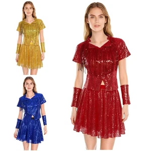 Womens Dress Dance Outfits Top Costume Jazz Cheerleading Pleated Shiny Party - Picture 1 of 44