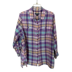 Camisa Lands' End 100 % lino con botones para mujer talla 2X 20/22 a cuadros manga enrollable - Imagen 1 de 8