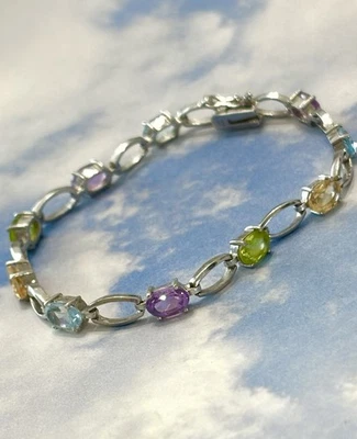 FAS Sterling Silver Amethyst Topaz Citrine Peridot Tennis 925 Bracelet 7.5” - Image 1 of 3