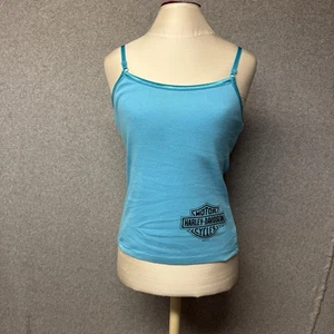 Womens Harley Davidson Teal Tank Top Rhinestone Size Small Built-in Bra Omaha - Picture 1 of 9