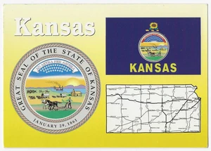 Kansas Postcard State Seal Flag Highway Map - Picture 1 of 2