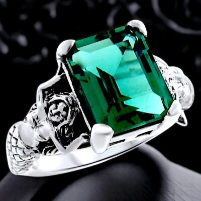 MERMAID RING VICTORIAN STYLE 925 STERLING SILVER SIMULATED EMERALD RING     #828 - Image 1 of 4