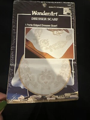 WonderArt Perle Edged Dresser Scarf Fleur De Lis embroidery stamped - Image 1 of 4