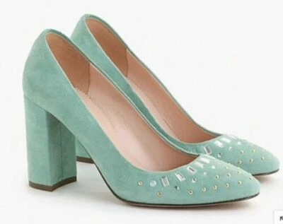 J.CREW Suede Bell Pumps Shoes Jewel Embellishments Aqua SZ 5 $298 Made in Italy - Image 1 of 4