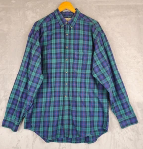 Vtg LL Bean Flannel Shirt Large Green Blue Plaid Twill Casual Outdoors USA Made - Picture 1 of 5
