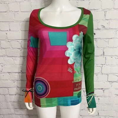 Desigual Women’s Blouse M Pink Green Long Sleeve Geo Floral Tie Long Sleeve New - Image 1 of 4