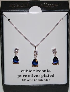 Lab Blue Sapphire Pear Jewelry Set CZ Pure Silver Brass Necklace Stud Earrings - Picture 1 of 3