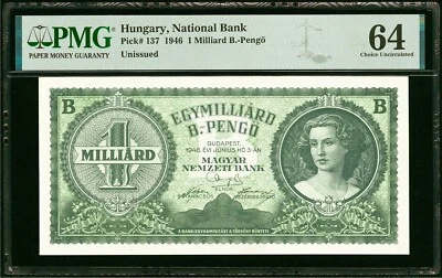 1946 Венгрия 1 миллиард B-Pengo PMG 64 выбор UNC P-137b гиперинфляция примечание - Изображение 1 из 3