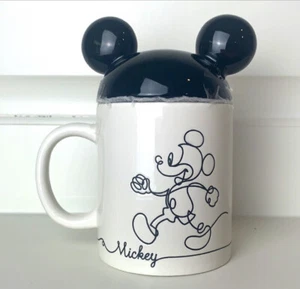 New Disney Mickey Mouse Ceramic Wax Resist Linear Covered Mug with Ear Lid - Picture 1 of 6
