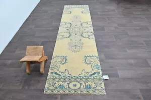 Vintage türkischer Läuferteppich 3x10 Fuß Wolle anatolisch handgefertigt Flur Oushak BEIGE - Bild 1 von 8