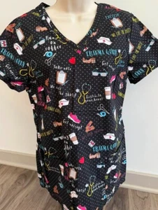 DICKIES WOMENS SCRUB TOP MEDIUM COFFEE CUPS AND BAND AIDS - Picture 1 of 1