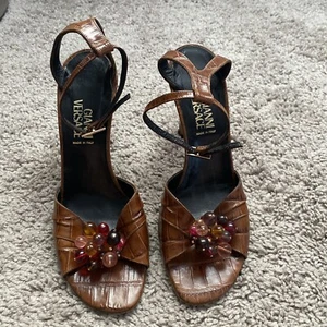 Vintage Gianni Versace Brown Leather Crocodile Embossed Sandals Size 37 (6.5 US - Picture 1 of 24