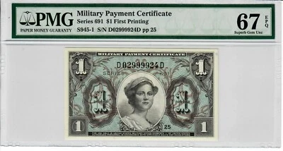 Certificado de Pagamento Militar Série 691 $1 Primeira Impressão Certificado PMG 67 EPQ - Imagem 1 de 2