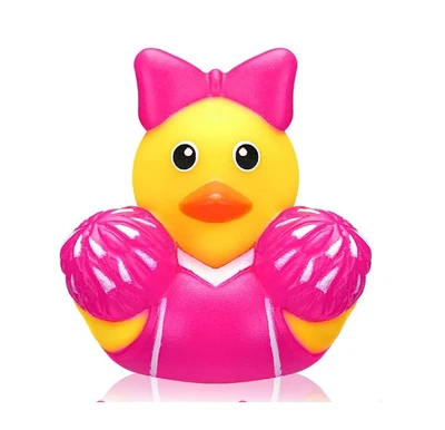 Pato de goma Hot Pink Cheerleader con pompones y arco rosa, Jeep Cruise, 2" Foto 1 de 4