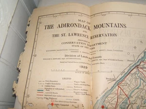 VINTAGE 1929 KARTE VON ADIRONDACKS & ST. LAWRENCE RESERVAT 31 X 29 1/2" MIT GEBRAUCHSSPUREN - Bild 1 von 12