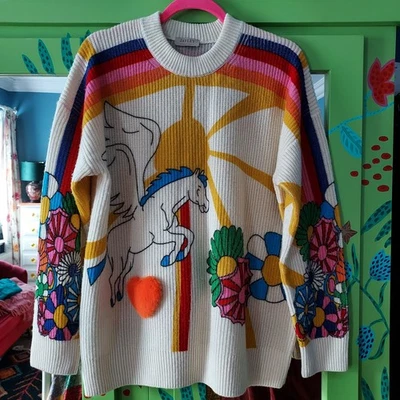 RARE discontinued Jayley Cashmere unicorn rainbow swan jumper knitted 8 10 12 14 - Image 1 of 4