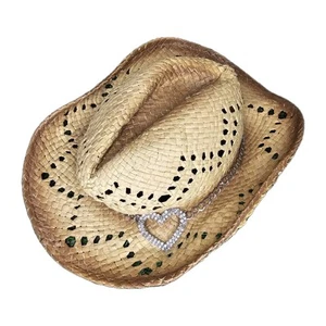VTG Straw Cowboy Hat Country Western Ladies Gardening Rhinestone Heart Wire Brim - Picture 1 of 6