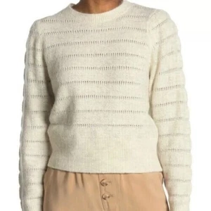 Elodie Women's Long Sleeve Open Knit Accented Crew Neck Sweater in Ivory Medium - Picture 1 of 3