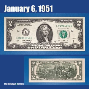 January 6, 1951 Birthday Anniversary $2 Two Dollar Bill Serial Number 01061951 - Picture 1 of 2