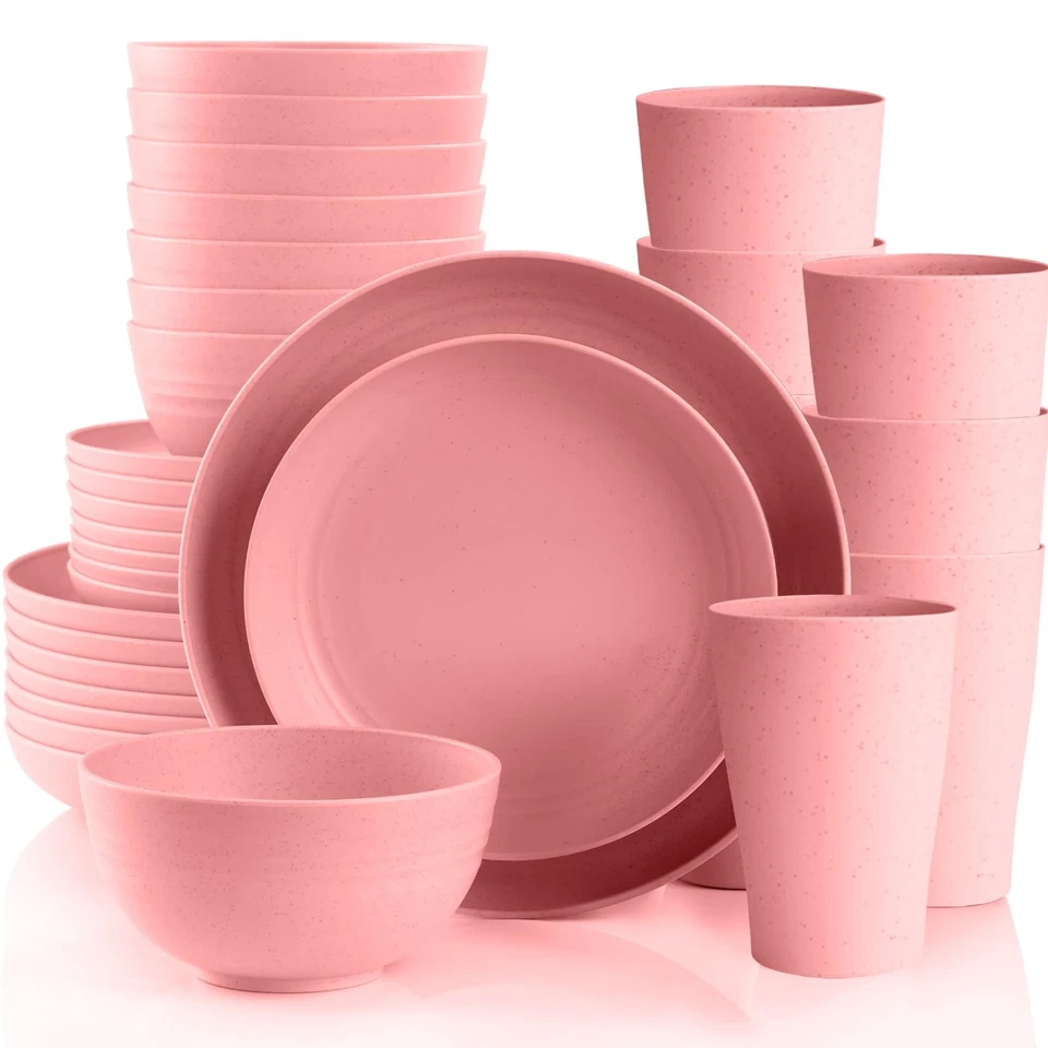 Pink Dinnerware Sets for 8,Pink Plates and Bowls Sets Plastic,Wheat Straw Din... - Image 1 of 4