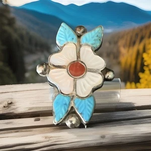 ZUNI STERLING SILVER CARVED TURQUOISE CORAL FLOWER BROOCH PENDANT FOR NECKLACE - Picture 1 of 10