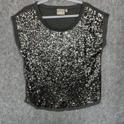 Camisa Dantelle Mujer XL Gris Plata Lentejuelas Frontal Cuello Redondo Manga Corta Fiesta Foto 1 de 4