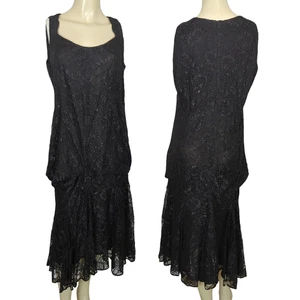 Vintage Damianou Black Lace Dress Sz L Drop Waist Sleeveless Cocktail Evening - Picture 1 of 20