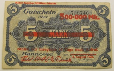 WEIMAR REPUBLIC (Germany) 500.000 Mark 8.8. 1923 on Hannover 5 Mark 1918 - XF * - Image 1 of 2