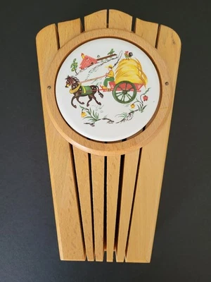 Vintage Kitchen Wood Knife Holder With Ceramic Farm Scene Grandma Cottage Core  - Image 1 of 4