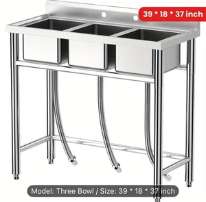 Edelstahl 3 Becken Fächer Spüle freistehender Warm & Kalt Schlauch  - Bild 1 von 9