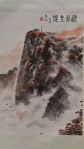 ANTIQUE EARLY 20C CHINESE WATERCOLOR ON PAPER SCROLL PAINTING OF RED MOUNTAIN - Picture 1 of 6