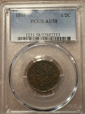 1855 cabello trenzado medio centavo marrón brillante, graduación profesional AU-58 Foto 1 de 4