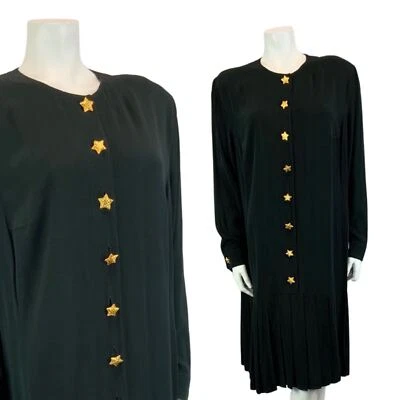 Vestido Midi Vintage Años 90 Negro ESCADA con Botones Mangas Largas Cintura Plisada L Foto 1 de 4