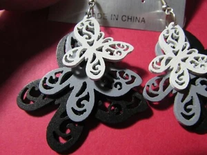 NEW/card unworn 2" round 3" long BLACK/WHITE COLOR BUTTERFLY pierced earrings - Picture 1 of 5