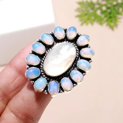 Mother Of Pearl, Opalite Gemstone Handmade 925 Sterling Silver Ring For Her - Image 1 of 4