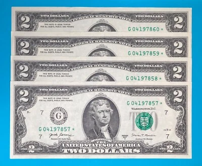 G 04197857 /58/59/60 * $2 Two Dollar Bill Regular Star Note 2017A (Chicago/G/7) - Image 1 of 4