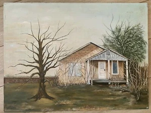 1983 HELEN BRIMHALL signiertes Gemälde altes primitives Landhaus mit Bäumen - Bild 1 von 5