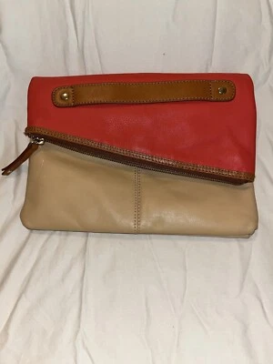 Levity Leather Clutch Tan/ Beige, Orange. Zipper, Snap Summer Handbag - Image 1 of 4