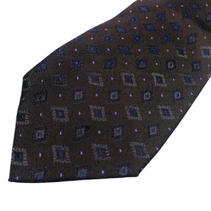 Dormeuil Paris London Men 100% Silk Necktie Dark Brown Blue Diamond Print Italy - Picture 1 of 13