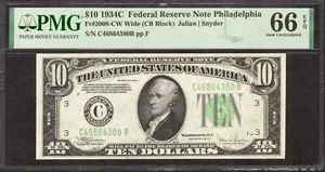 1934C $10 FEDERAL RESERVE NOTE PHILADELPHIA FR.2008-CW WIDE PMG UNC 66 EPQ (308B - Picture 1 of 2